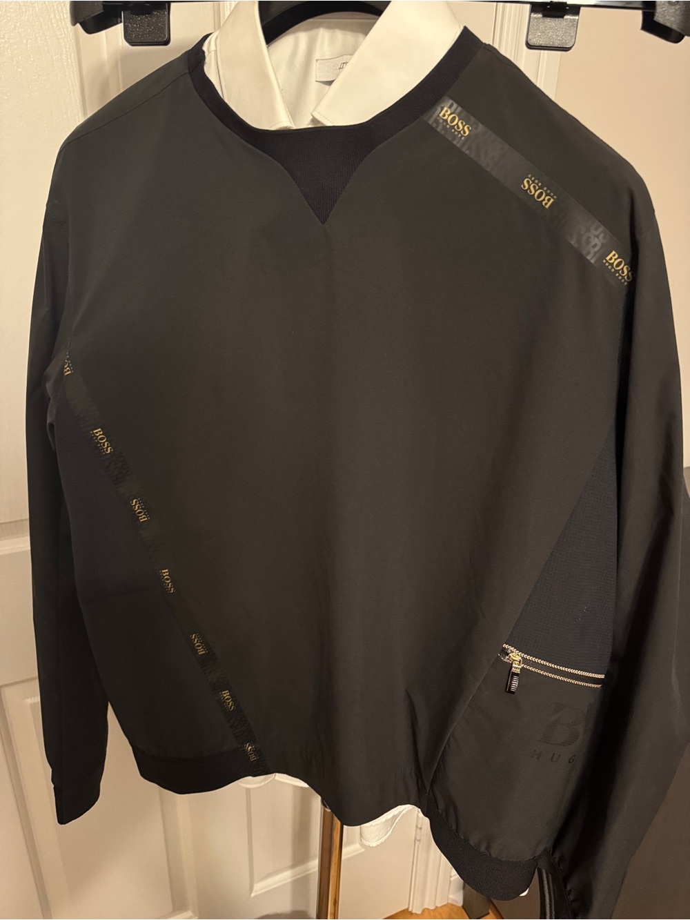 BOSS Men's Black Pullover with Gold Logo Tape